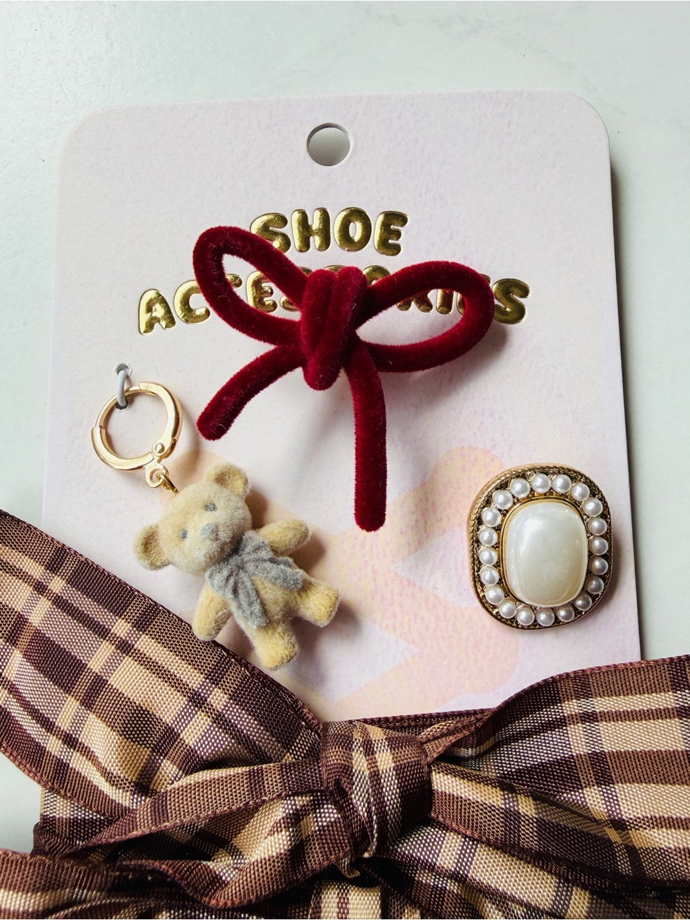 NWT Anthropologie Shoe Charm & Laces Set Brown Plaid & Teddy Bear - Picture 4 of 4